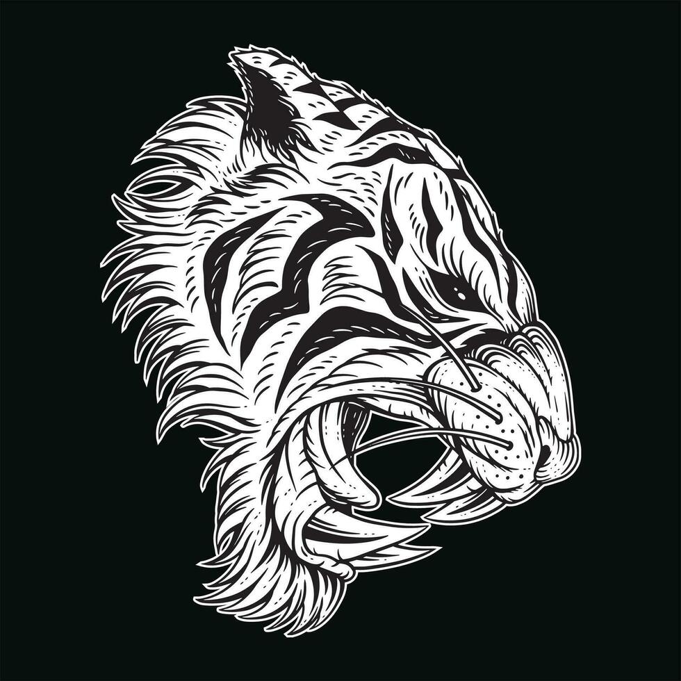 Tiger Kopf wütend Tier brüllend Reißzähne zum tätowieren Kleidung schwarz und Weiß Hand gezeichnet Illustration vektor