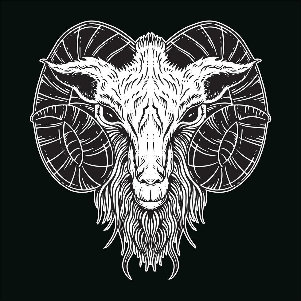 dunkel Kunst Ziege Kopf Hörner Schaf satanisch schwarz Weiß zum tätowieren und Kleidung Illustration vektor