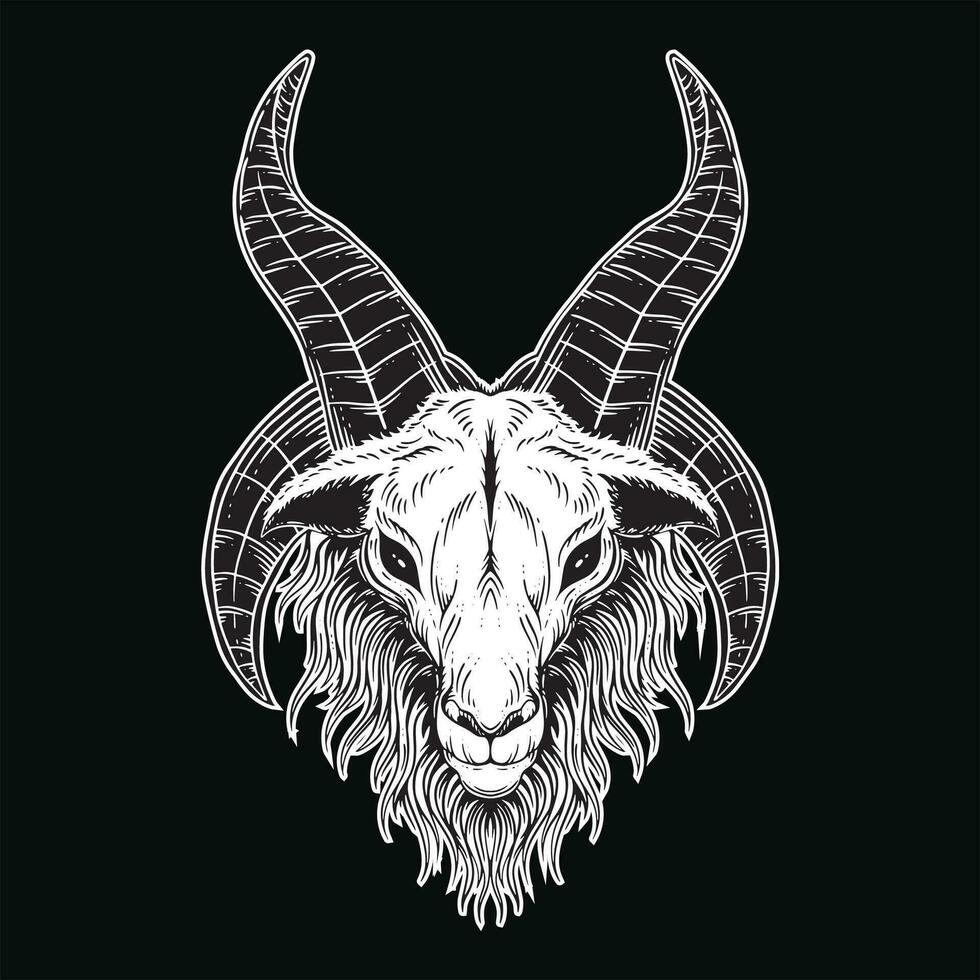 mörk konst get huvud horn får satanisk svart vit för tatuering och Kläder illustration vektor