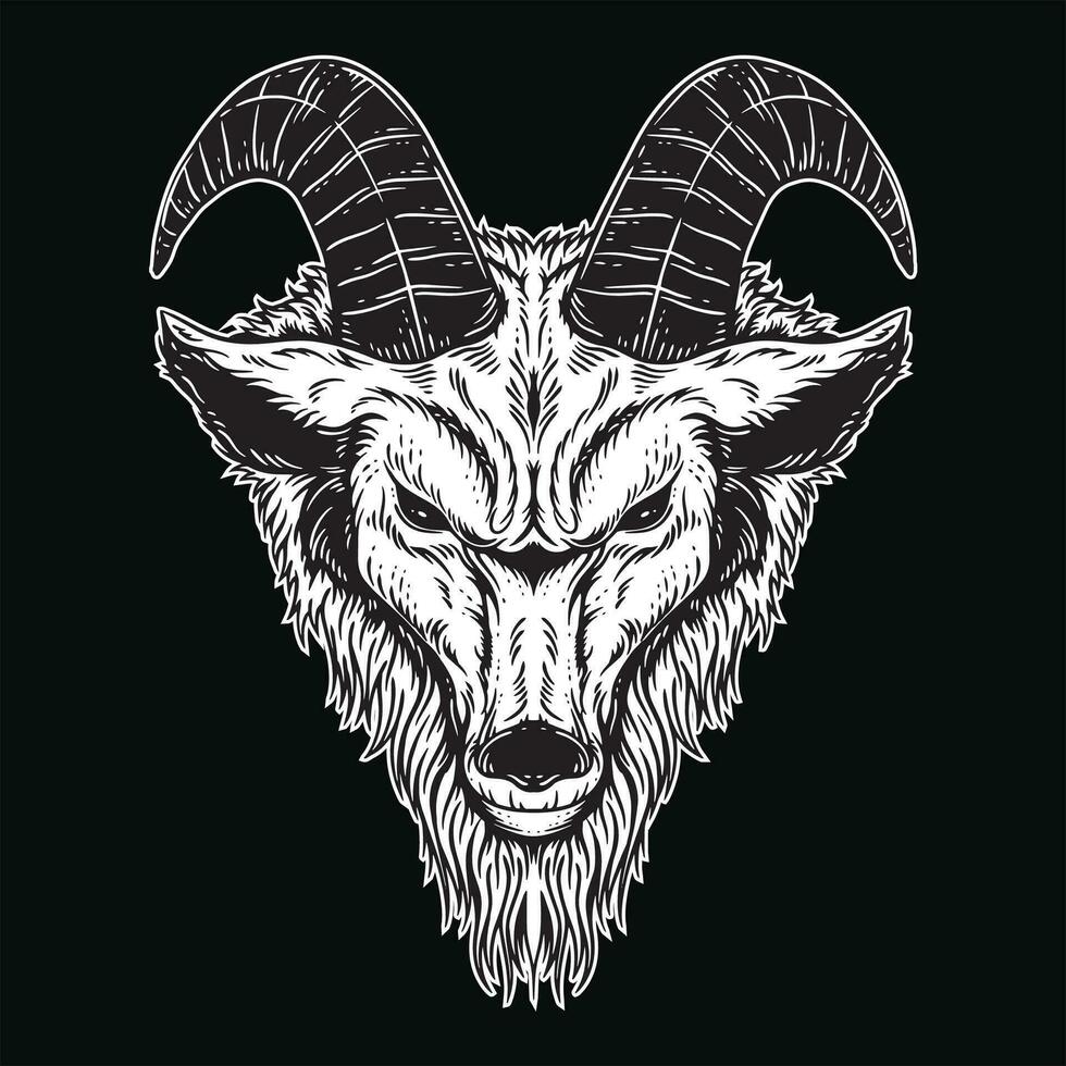 dunkel Kunst Ziege Kopf Hörner Schaf satanisch schwarz Weiß zum tätowieren und Kleidung Illustration vektor