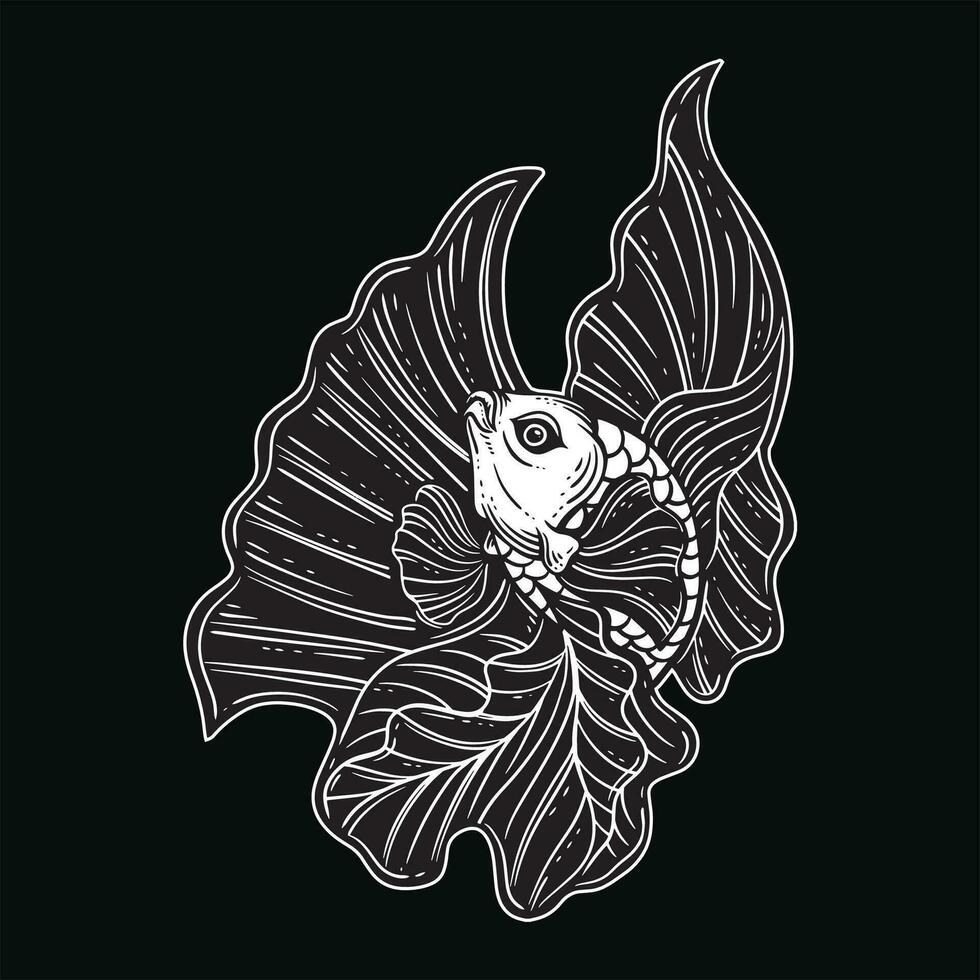 hand dragen betta fisk vatten- svart vit årgång mörk konst för tatuering och Kläder illustration vektor