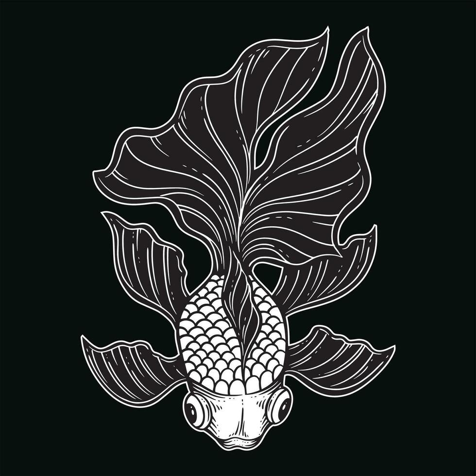 hand dragen guld fisk vatten- svart vit årgång mörk konst för tatuering och Kläder illustration vektor