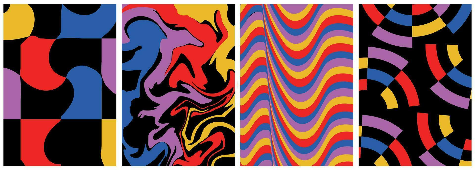 vektor kort i retro psychedelic stil, groovy bakgrunder, set av färgrik abstrakt bakgrunder,y2k estetisk