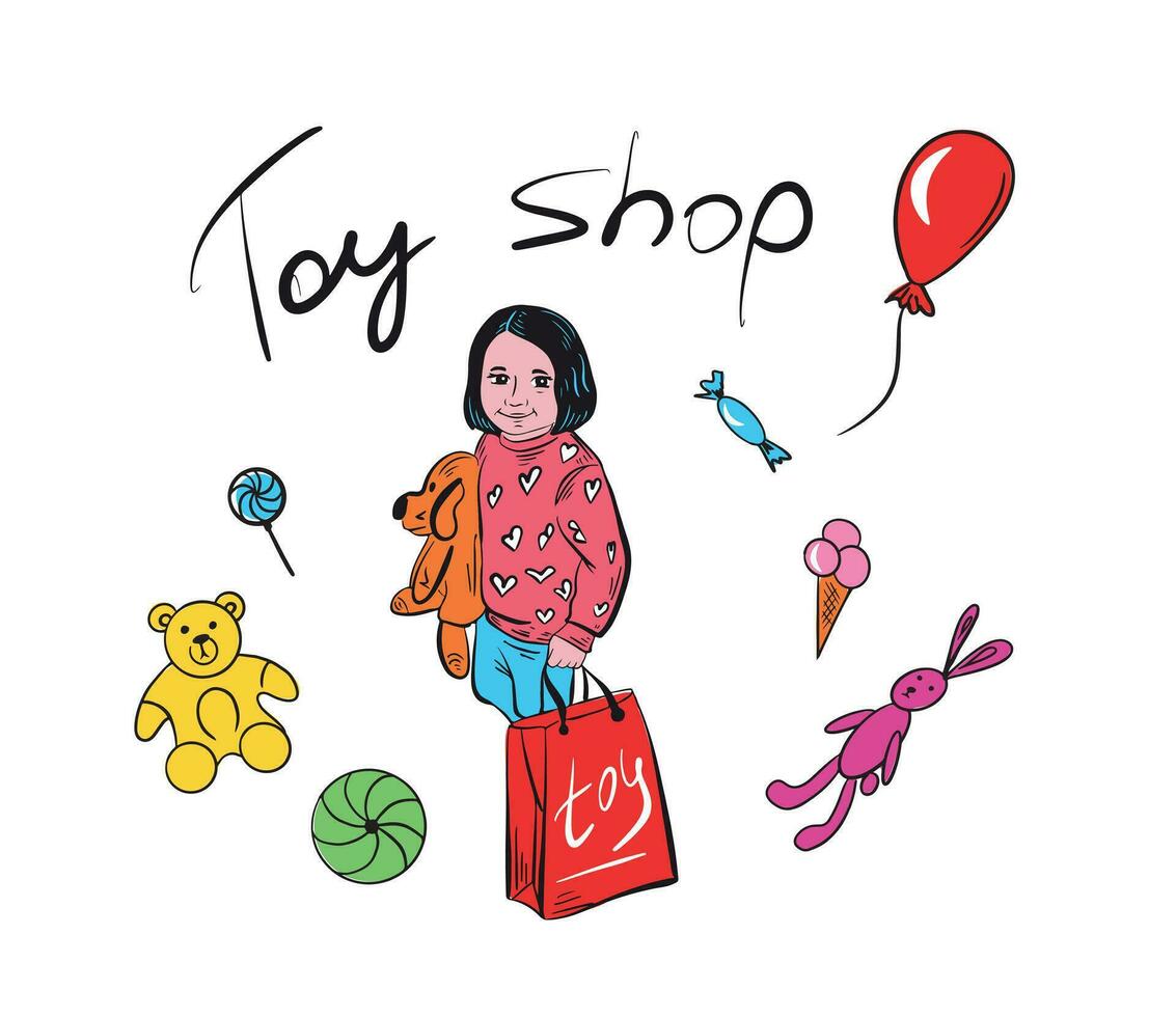 wenig Mädchen Stehen mit Spielzeuge Kinder- Spielzeug store.vector Illustration. vektor