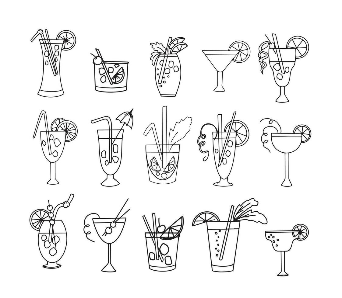 dünn Linie Symbole einstellen von klassisch Hand gezeichnet alkoholisch Cocktails Sammlung von Gliederung Symbole. Vektor Illustration.