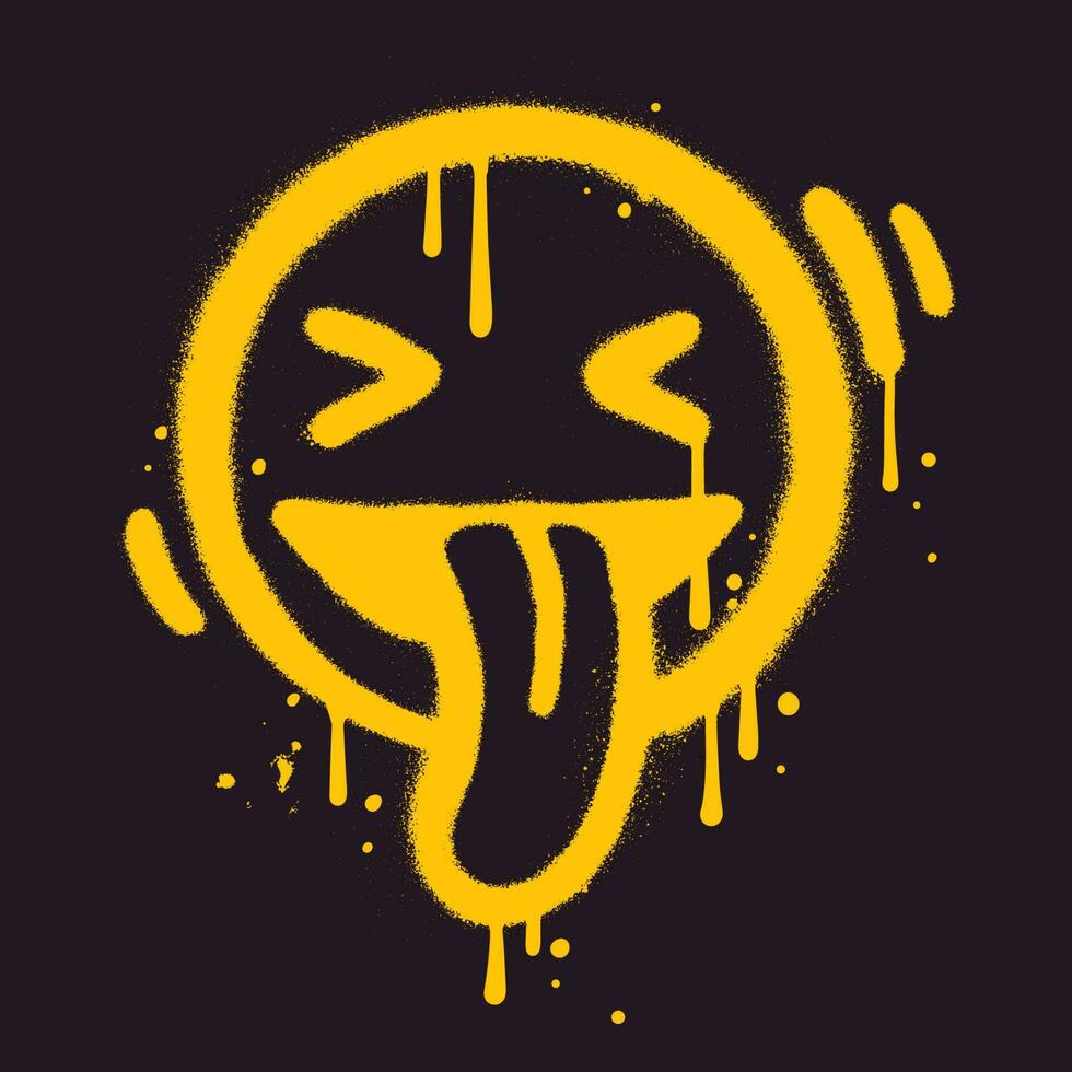 lächelnd Emoji Gesicht mit Zunge sprühen gemalt Graffiti Gesicht mit öffnen Mund Emoticon isoliert auf dunkel Hintergrund. 90er Jahre texturiert Vektor Illustration.
