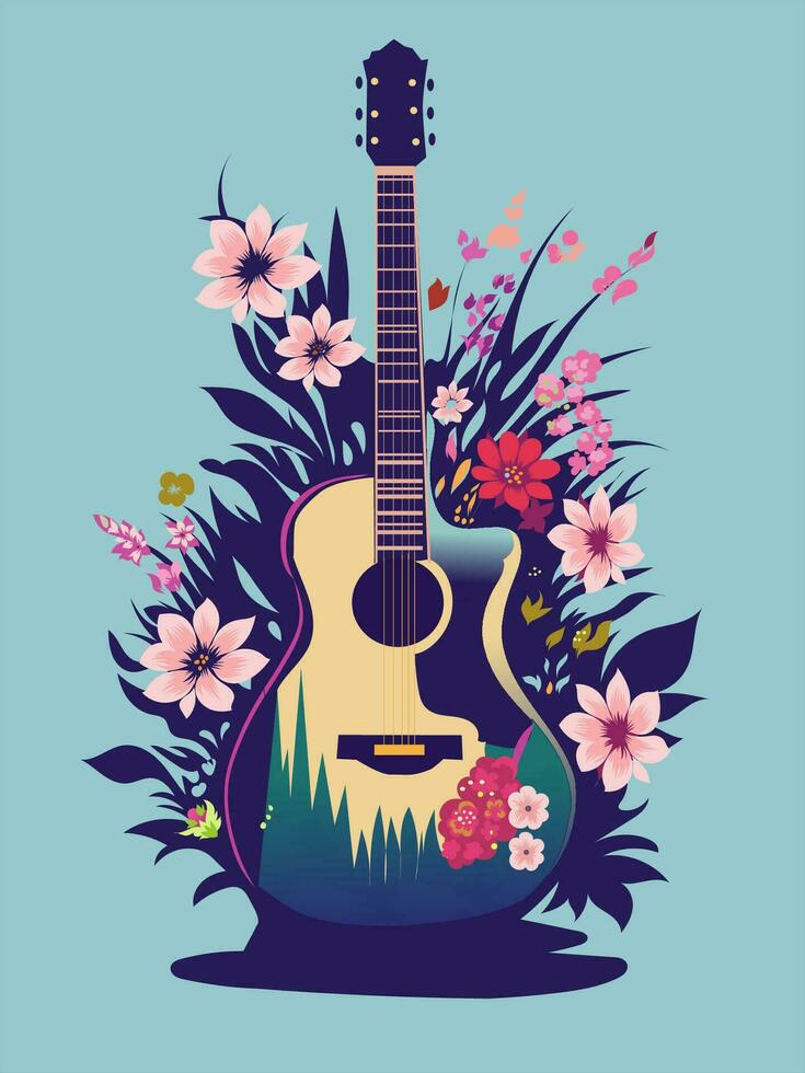 vektor illustration av gitarr och blommor