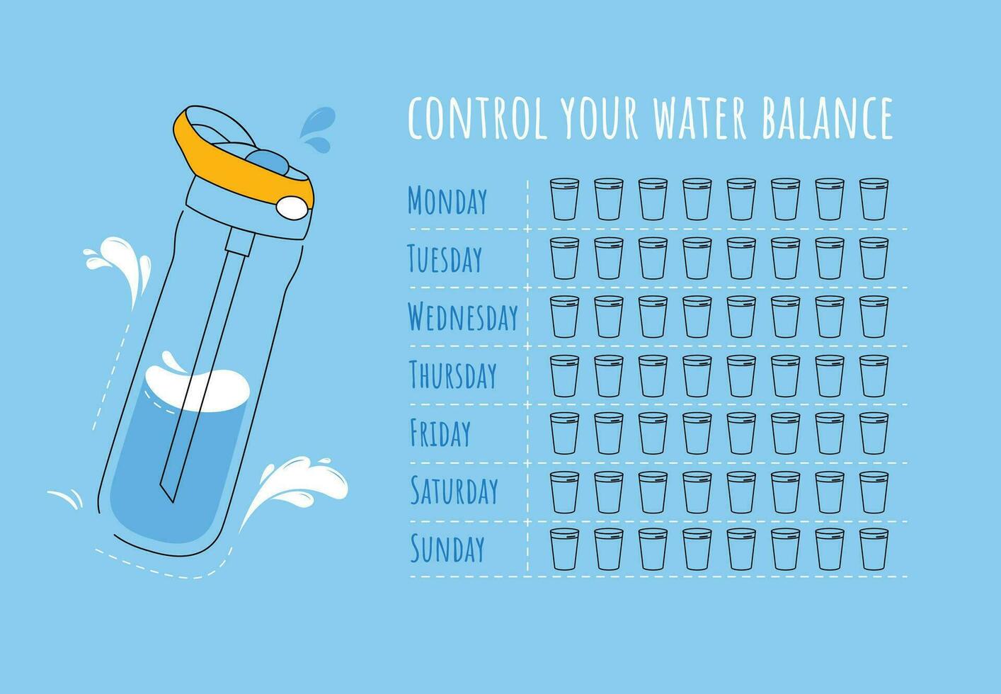 Wasser Tracker Vektor Vorlage. Trinken Wasser Checkliste. Wasser Tracker mit cool Wasser Flasche. Vektor Illustration. Gekritzel Stil. eben Stil