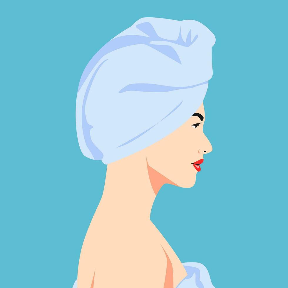 kvinna avatar använder sig av hår handduk. sida se. vektor illustration.