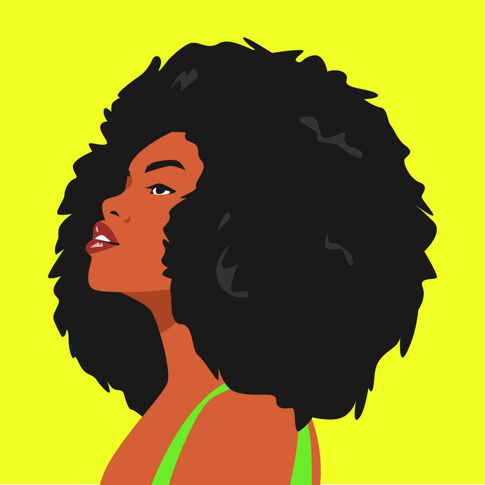 porträtt av skönhet afrikansk kvinna med afro frisyr. sida se. mångfald. lämplig för avatar, social media profil, skriva ut, etc. platt vektor grafisk.