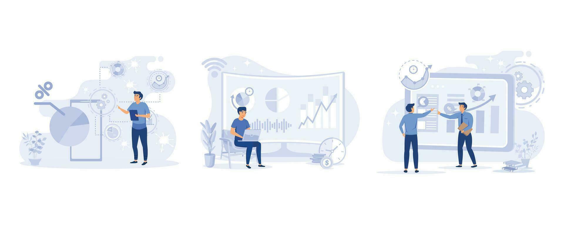 marknadsföring data analyserar illustration. diagram och planera marknadsföring strategi till uppnå företag mål. platt vektor modern illustration