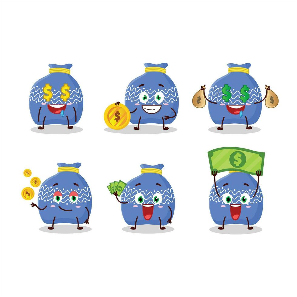 Blau Santa Tasche Karikatur Charakter mit süß Emoticon bringen Geld vektor