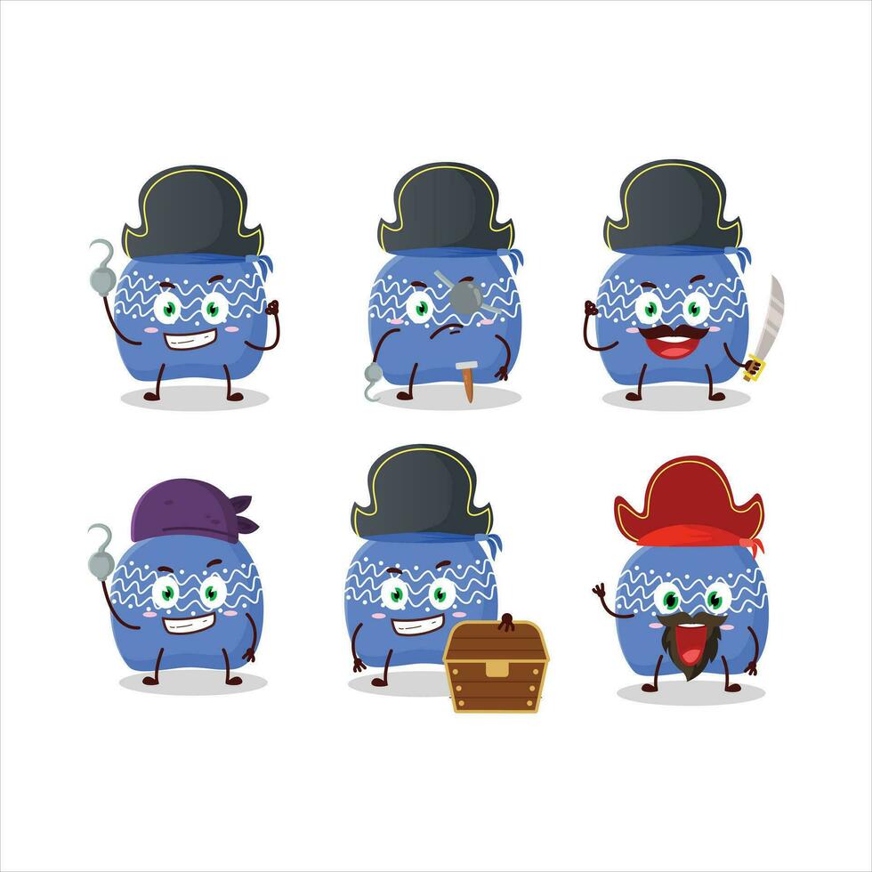 tecknad serie karaktär av blå santa väska med olika pirater uttryckssymboler vektor