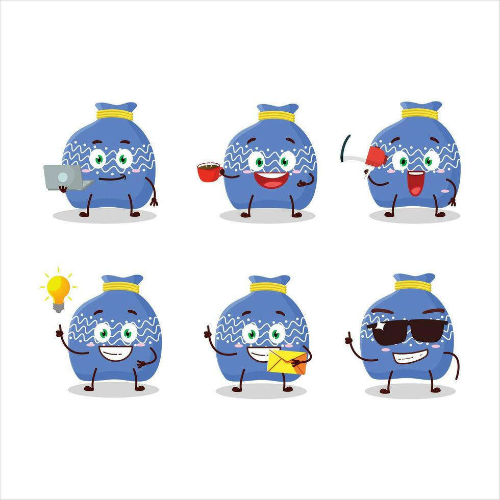 blå santa väska tecknad serie karaktär med olika typer av företag uttryckssymboler vektor