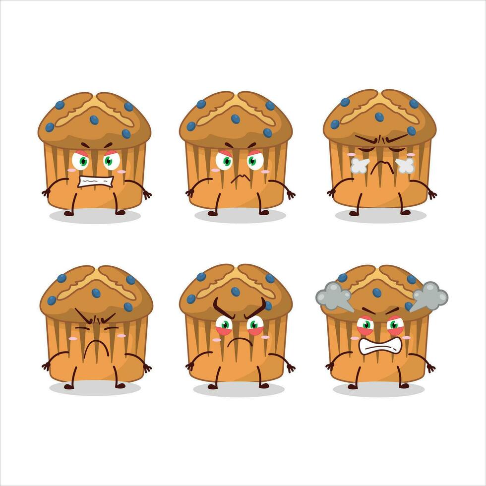 Blaubeere Muffin Karikatur Charakter mit verschiedene wütend Ausdrücke vektor