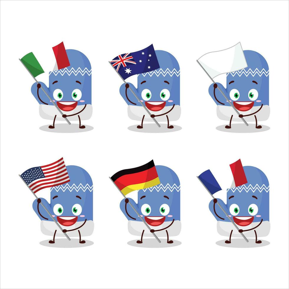 Neu Blau Handschuhe Karikatur Charakter bringen das Flaggen von verschiedene Länder vektor