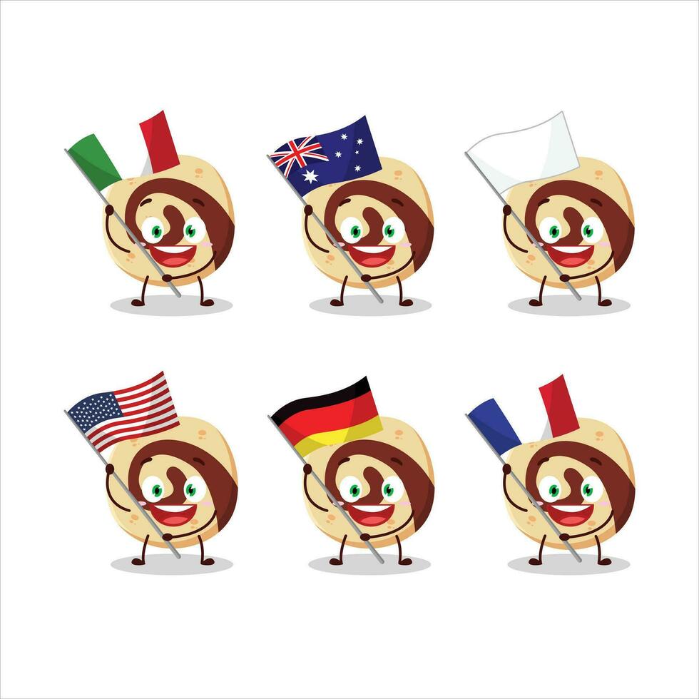 Spiral- Keks Karikatur Charakter bringen das Flaggen von verschiedene Länder vektor