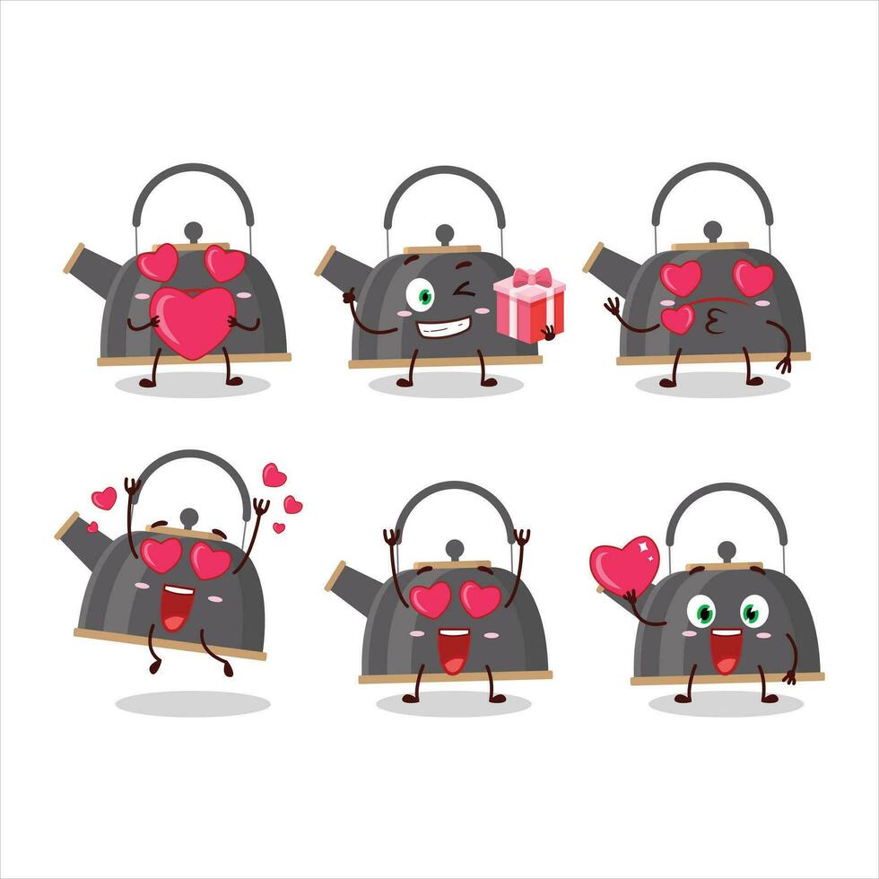 schwarz Teekanne Karikatur Charakter mit Liebe süß Emoticon vektor