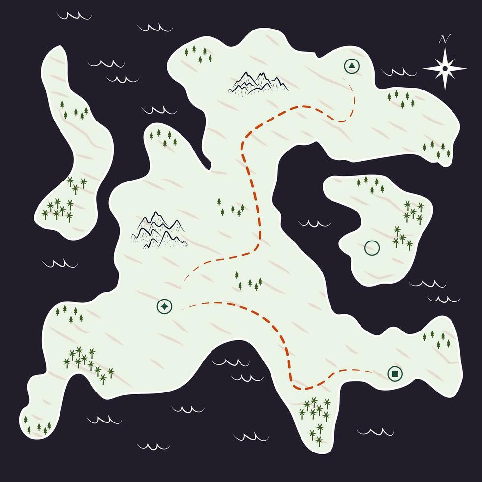 platt illustration fantasi Karta med ö, hav, fjäll, vägar och by vektor