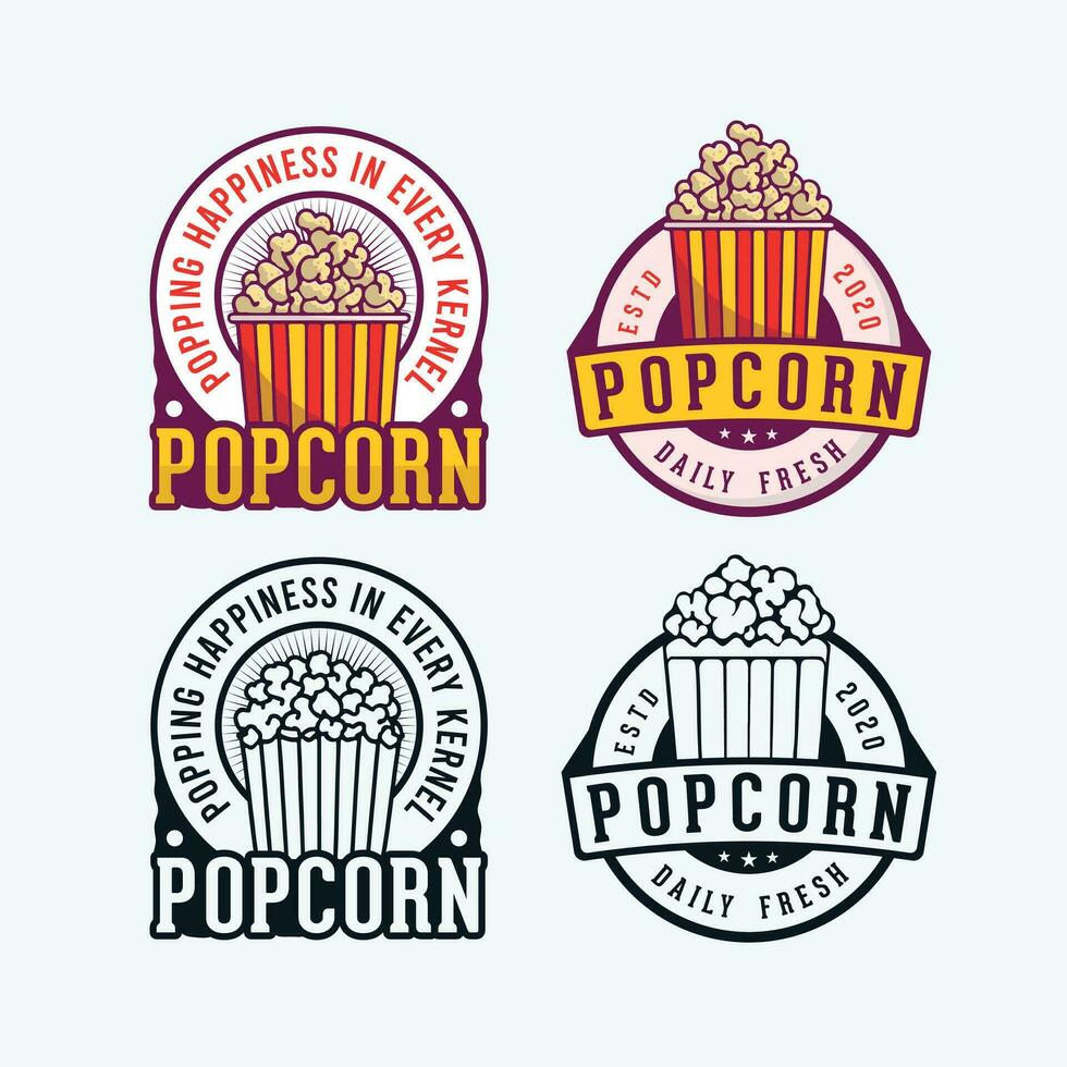 popcorn logotyp bricka med ett illustration av popcorn i de hink. popcorn design logotyp samling. vektor