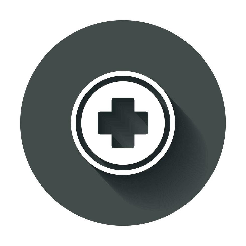 medizinisch Gesundheit Vektor Symbol. Medizin Krankenhaus Plus Zeichen Illustration auf schwarz runden Hintergrund mit lange Schatten.