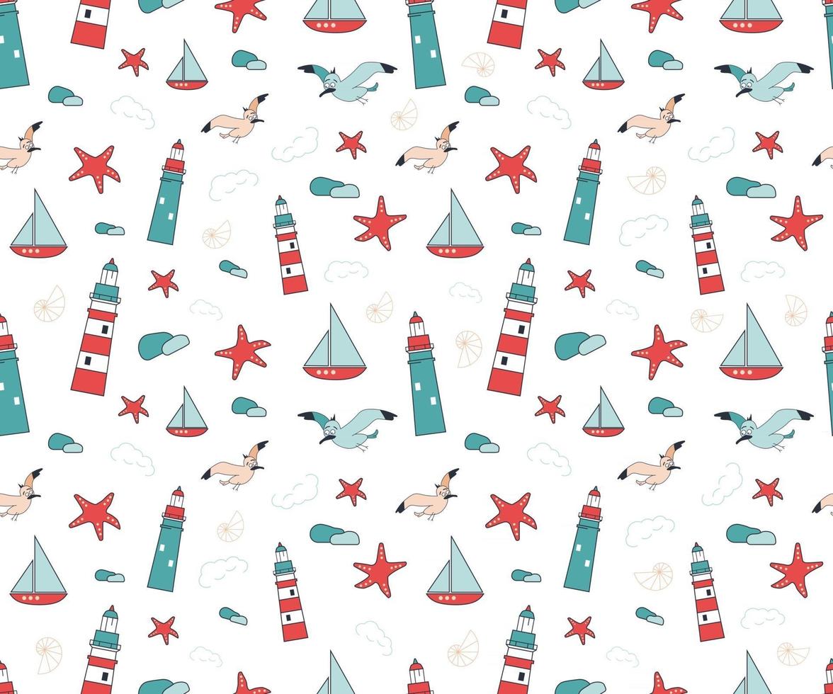 sommar marina sömlösa mönster med fyrar, måsar, sjöstjärnor, fartyg och skal i rött och blått. invånarna i havet. lämplig för omslagspapper, brevpapper, barnkläder och textilier vektor
