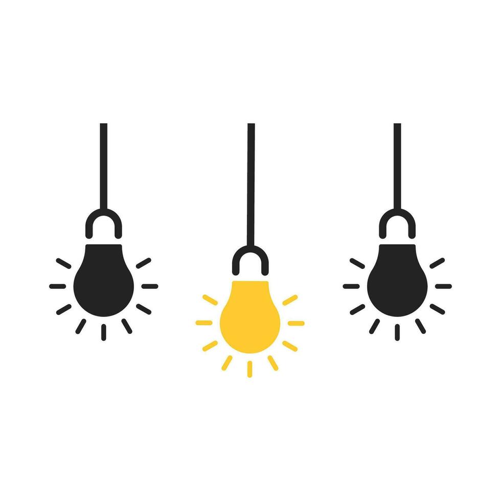 tre hängande ljus Glödlampa tycka om insikt tänkande. platt minimal enkel trend logotyp design element isolerat på vit. begrepp av abstrakt eller enkelhet symbol tycka om annorlunda person eller lätt kunskap vektor