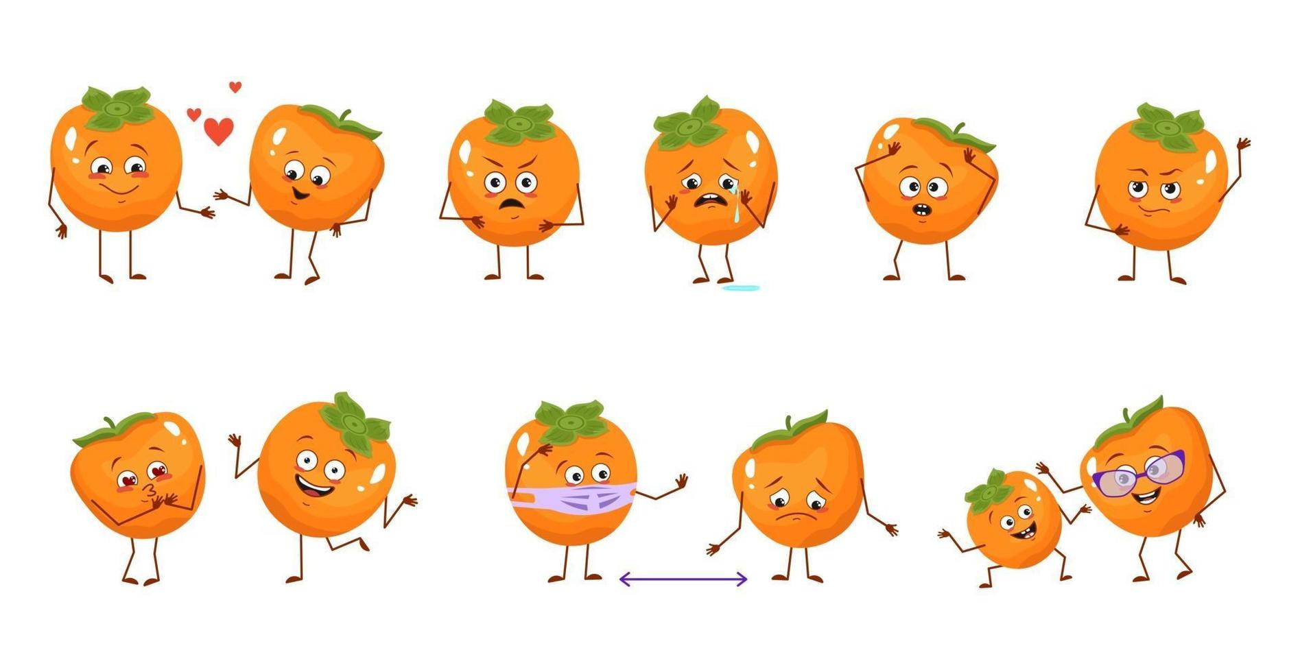 uppsättning söta persimmon karaktärer med känslor, ansikten, armar och ben. glada eller sorgliga hjältar, exotiska frukter ler, spelar, blir kär, håller avstånd med en mask vektor