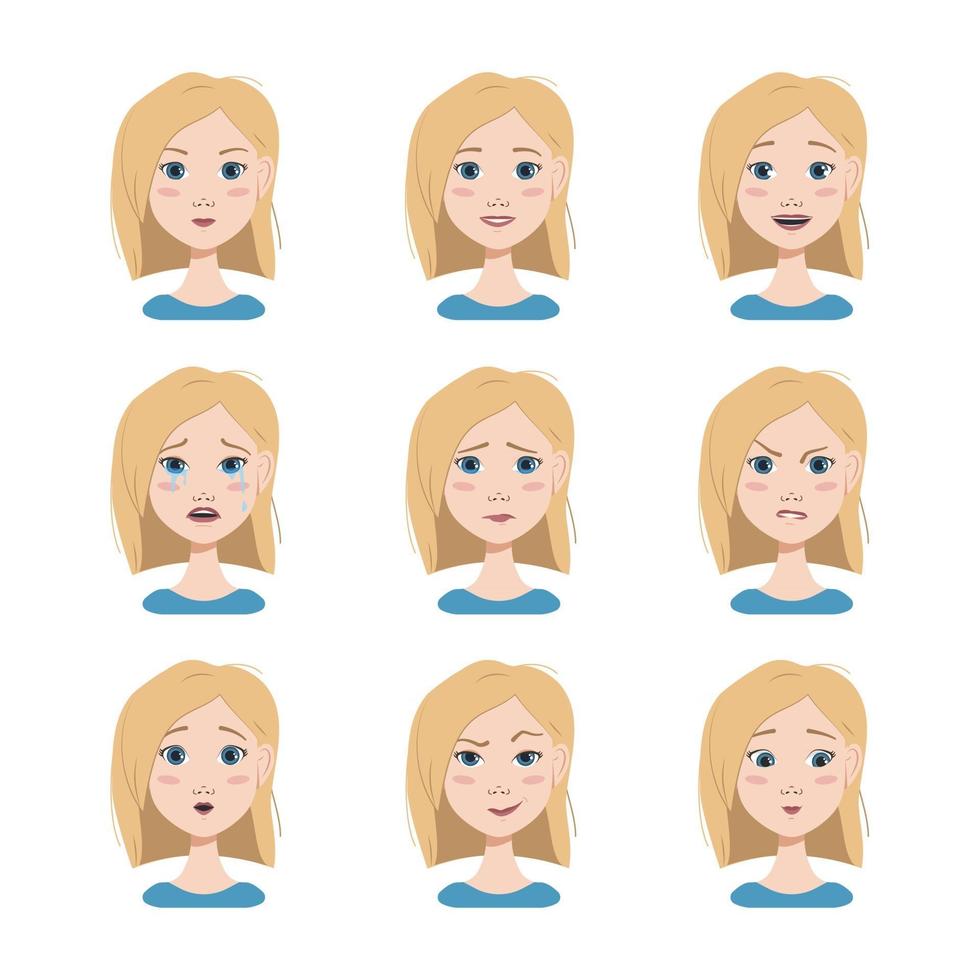 olika känslor av en blondin. lycklig, ledsen, förvånad, glad, bekymrad, arg ansiktsuttryck. mode avatar i platt vektorkonst vektor