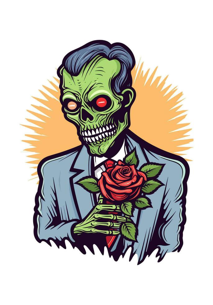 kärlek aldrig matriser i detta unik illustration var romantisk zombies omfamning mitt i en säng av blomning rosor, en symbol av evighet tillgivenhet vektor