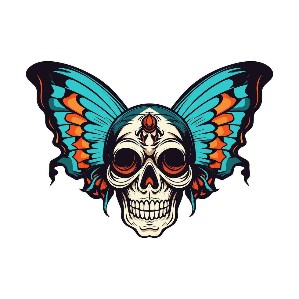 skalle med fjäril vingar illustration hand dragen logotyp design vektor