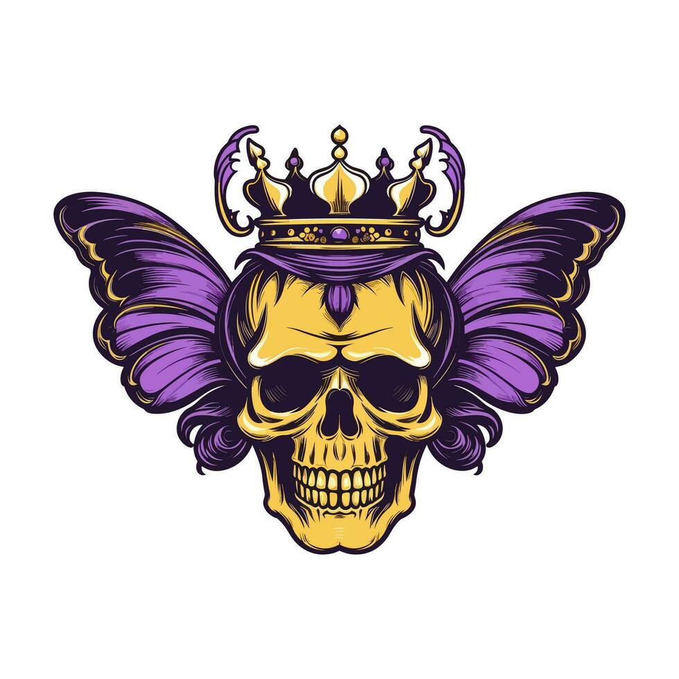 Schädel mit Schmetterling Flügel und Krone Illustration Hand gezeichnet Logo Design vektor