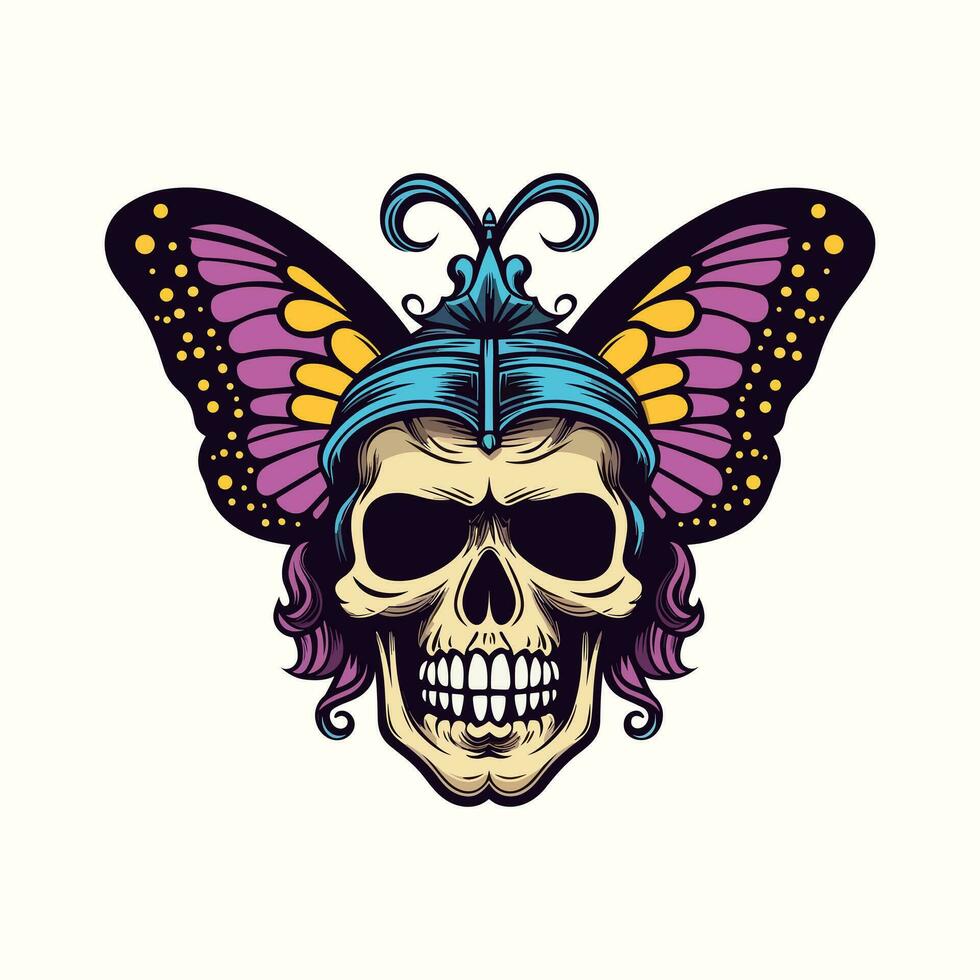 skalle med fjäril vingar och krona illustration hand dragen logotyp design vektor