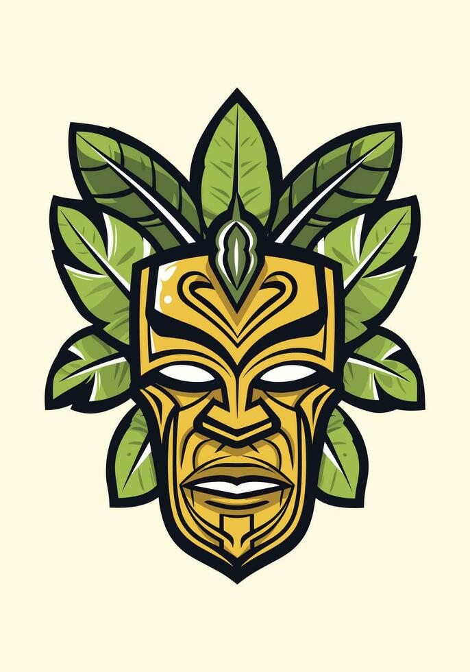 hölzern Tiki Maske Stammes- Hand gezeichnet Logo Design Illustration vektor