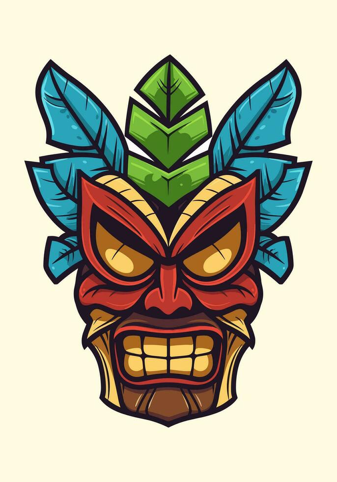 hölzern Tiki Maske Stammes- Logo, Hand gezeichnet mit kompliziert Einzelheiten. ein fesselnd Mischung von Kultur, Kunst, und Identität zum Ihre Marke vektor