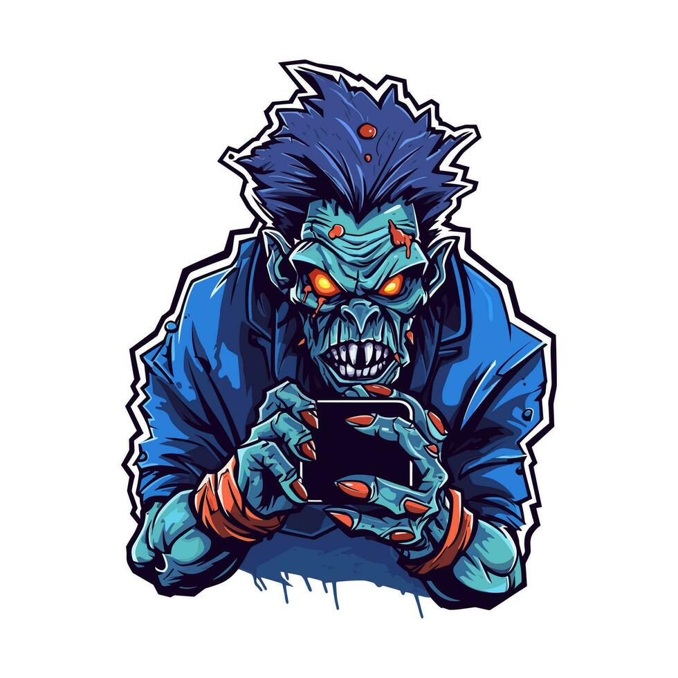Zombie spielen ein Telefon Hand gezeichnet Illustration vektor