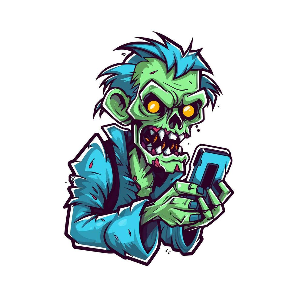 zombie spelar en telefon hand dragen illustration vektor