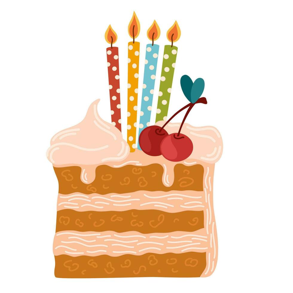 födelsedag kaka med ljus. ljuv efterrätt, kaka skiva bit. vektor illustration för vykort och klistermärken