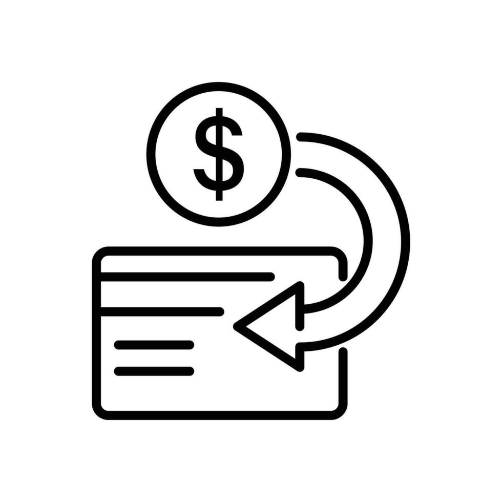 kontanter tillbaka på de kort Bank ikon, gåva bonus eller rabatt pengar, finansiell återbetalning, tunn linje symbol på vit bakgrund vektor