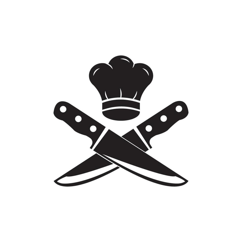 Koch Logo mit Koch Hut und Messer Symbole. Kochen Jahrgang Logo. Kochen Klassen Vorlage Logo. Etikett, Abzeichen zum Essen Studio, Kochen Kurse, kulinarisch Schule. Vektor Illustration