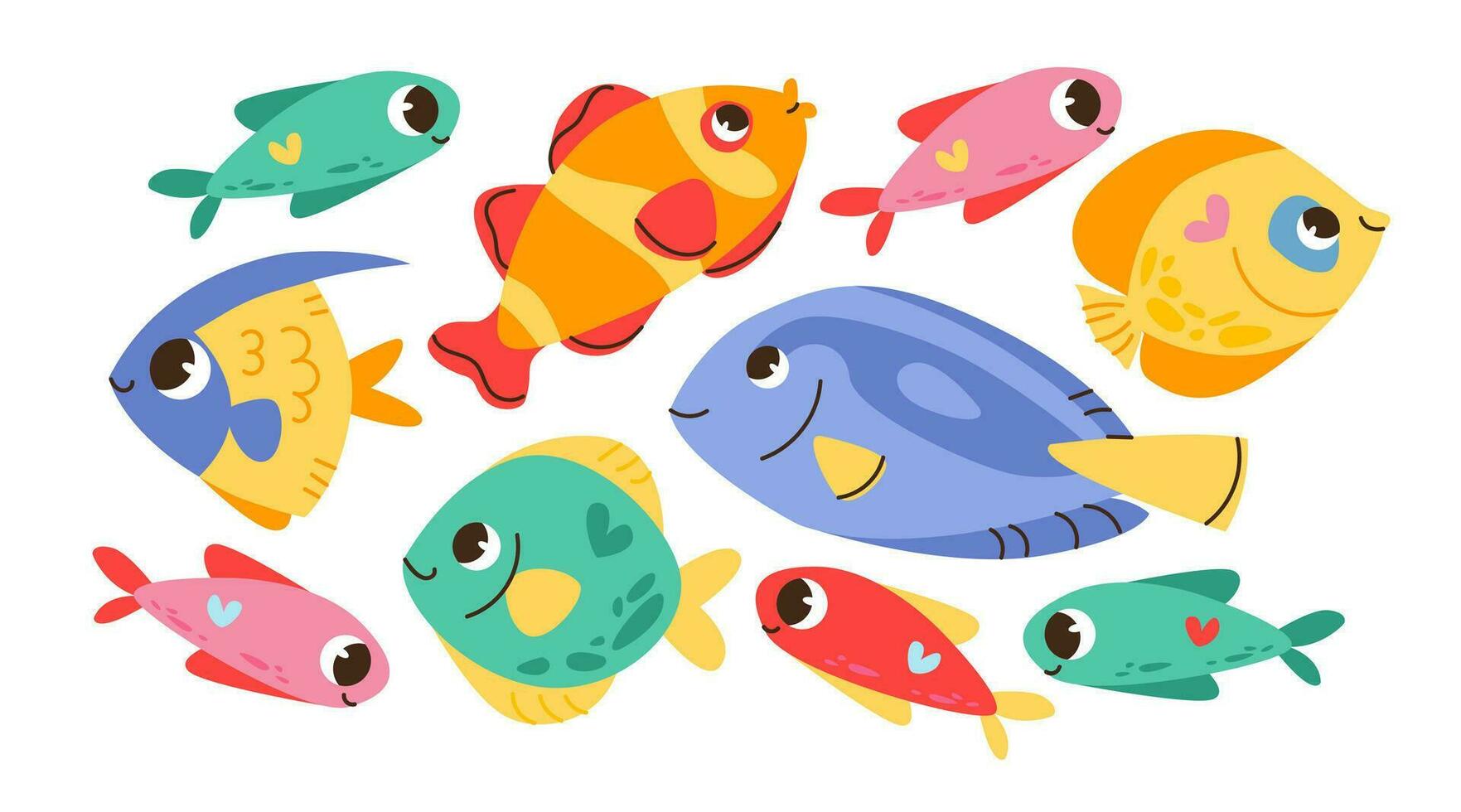 süß Meer Fisch. Meer Leben. unter Wasser Welt. Karikatur Vektor Zeichen mit lächelnd Gesichter.