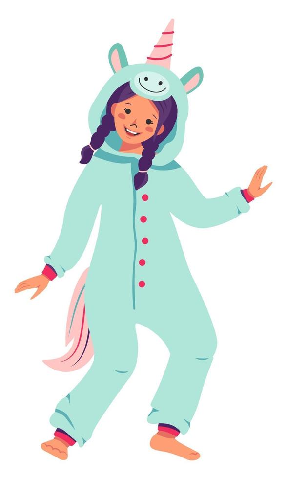 Mädchen im Einhorn Karnevalskostüm. Kinder-Pyjama-Party. Kind trägt Overall oder Kigurumi isoliert auf weißem Hintergrund vektor