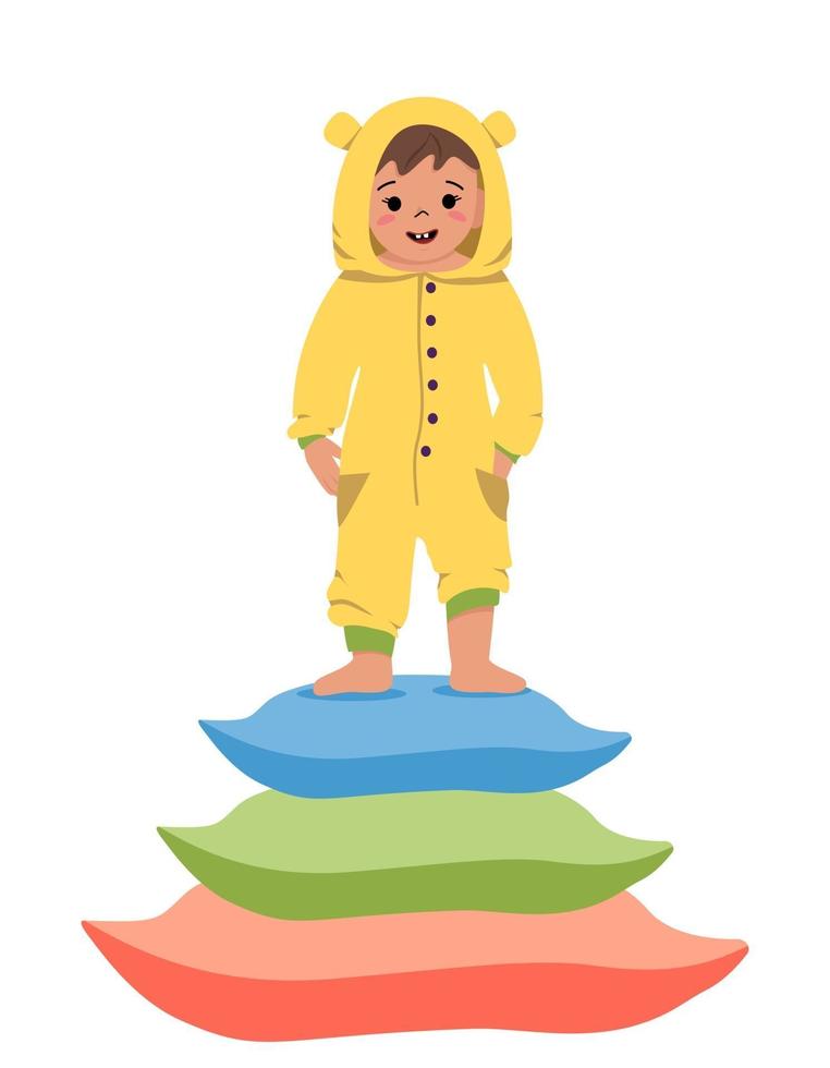 Kinder Pyjama Partykostüm. Kind trägt Overall oder Kigurumi isoliert auf weißem Hintergrund. Karnevalskostüm vektor