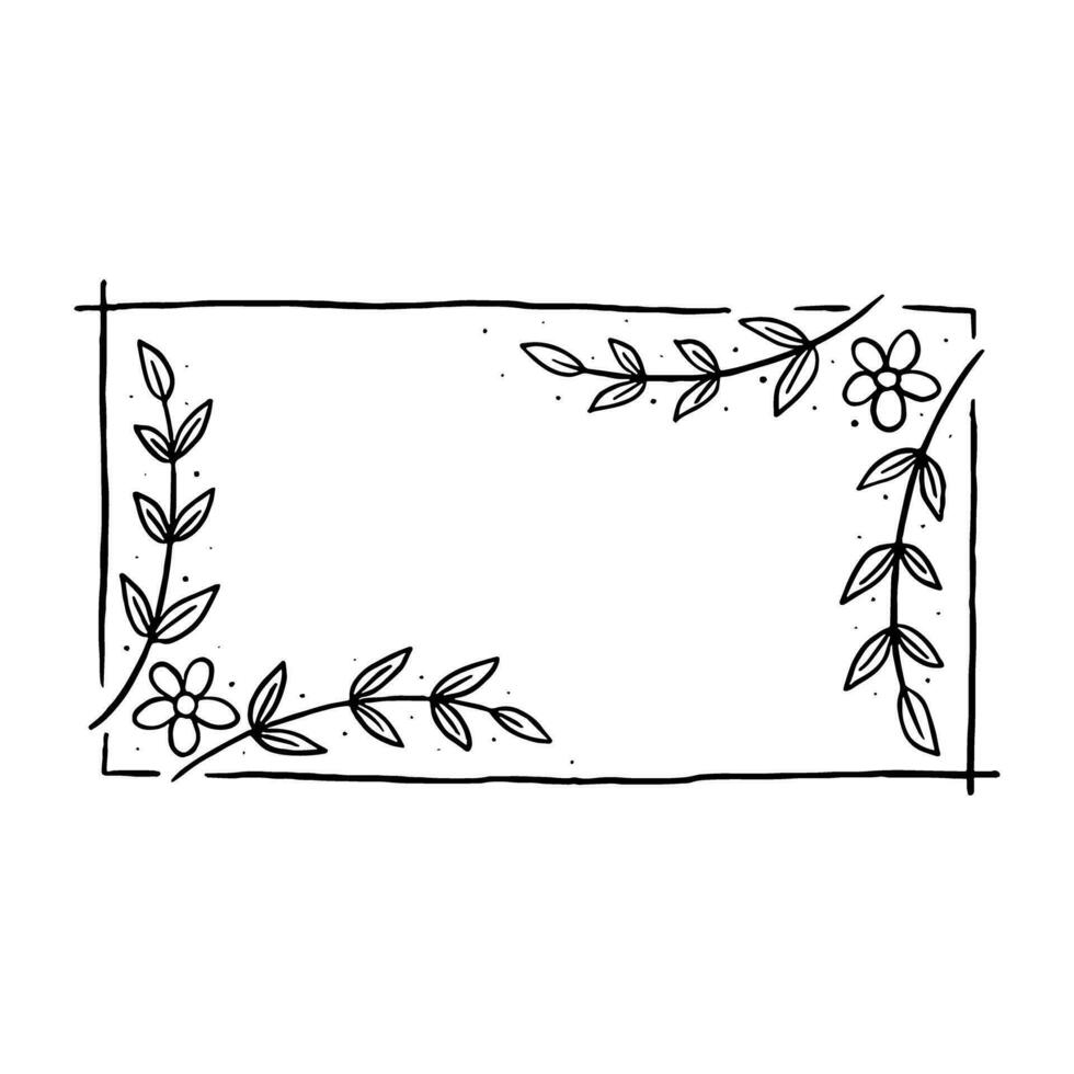 schwarz Linie Rechteck Rahmen mit Blumen Blätter. Vektor Illustration zum schmücken Logo, Text, Hochzeit, Gruß Karten und irgendein Design.