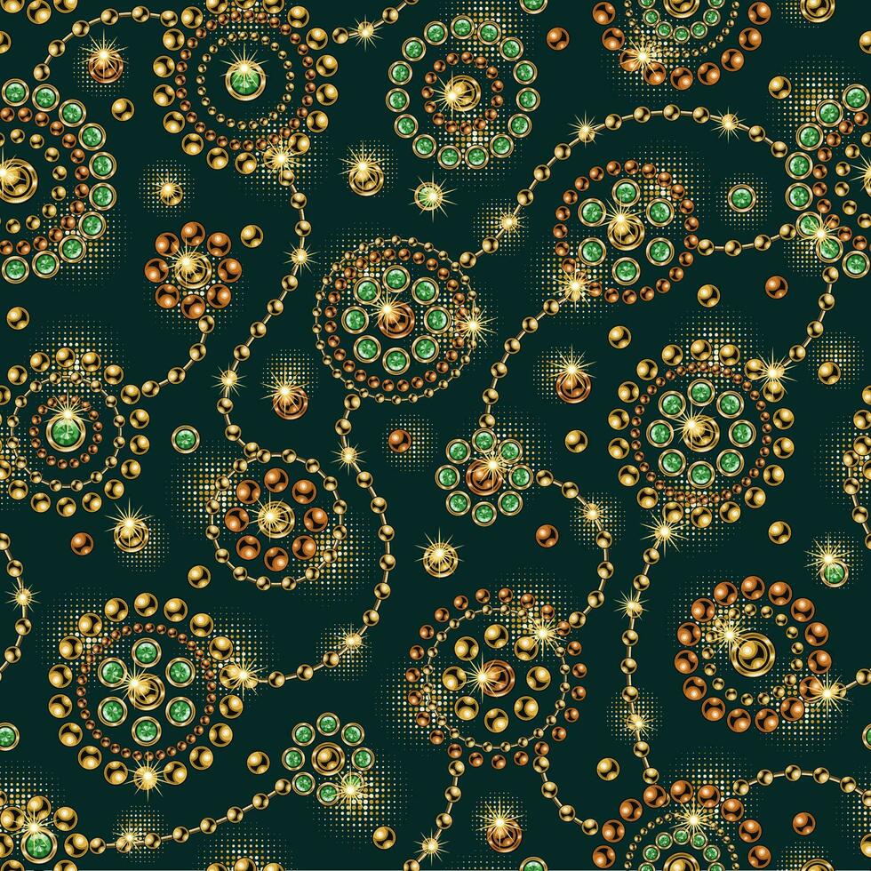 nahtlos Muster mit runden Schmuck Ornamente im Jahrgang Stil. Gold Elemente mit Grün Edelsteine. Vektor Illustration. gut zum Kleidung, Kleidung, Stoff, Textil, Oberfläche Design.