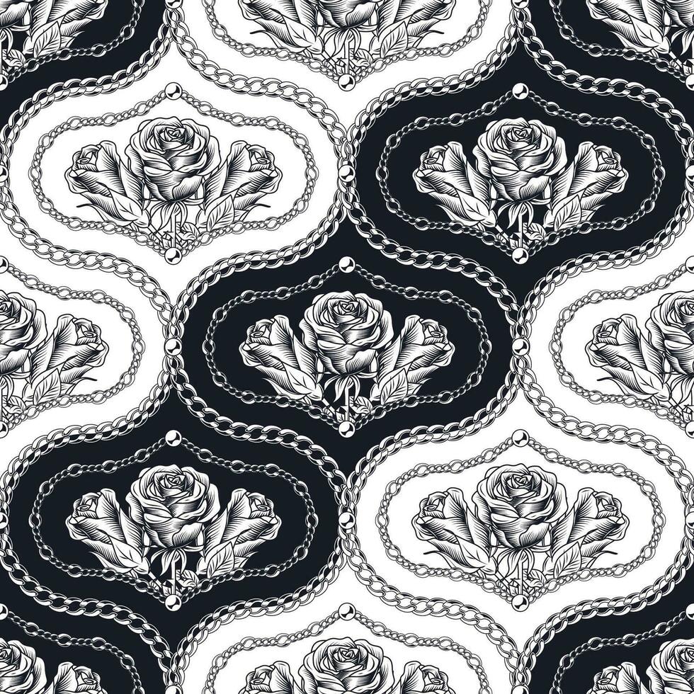 sömlös svart och vit damast- mönster med kedjor, pärlor, bukett av kontur rosor. diagonal sammansättning. klassisk geometrisk årgång bakgrund. vektor