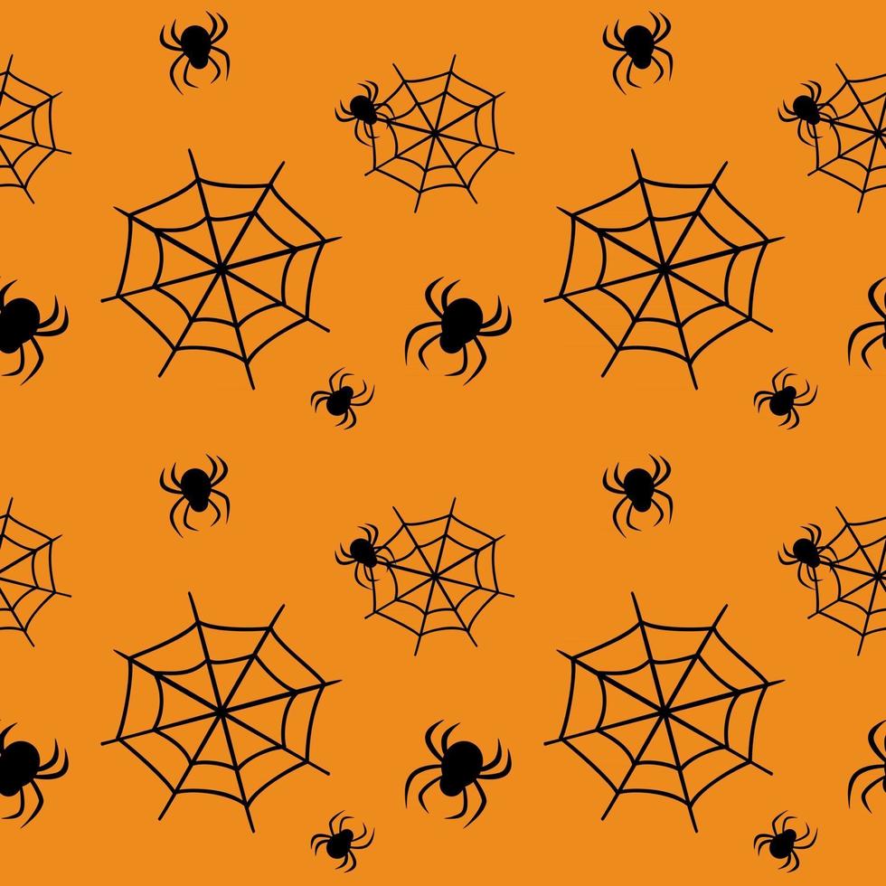 süßes nahtloses Muster mit schwarzen Spinnweben und Spinnen auf orangefarbenem Hintergrund. Halloween-Partydekoration. heller Druck für Papier, Textilien und Design vektor