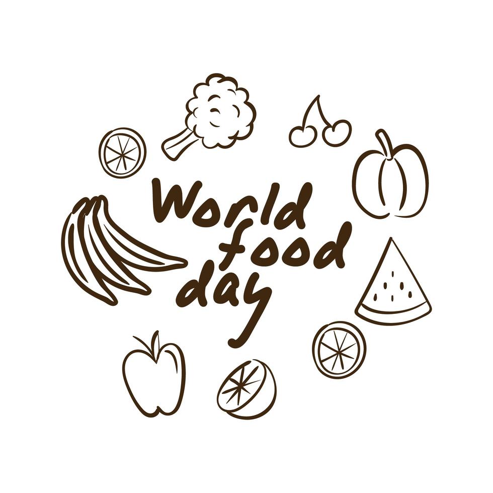 World Food Day Feier Schriftzug mit Gemüse und Obst Linienstil vektor