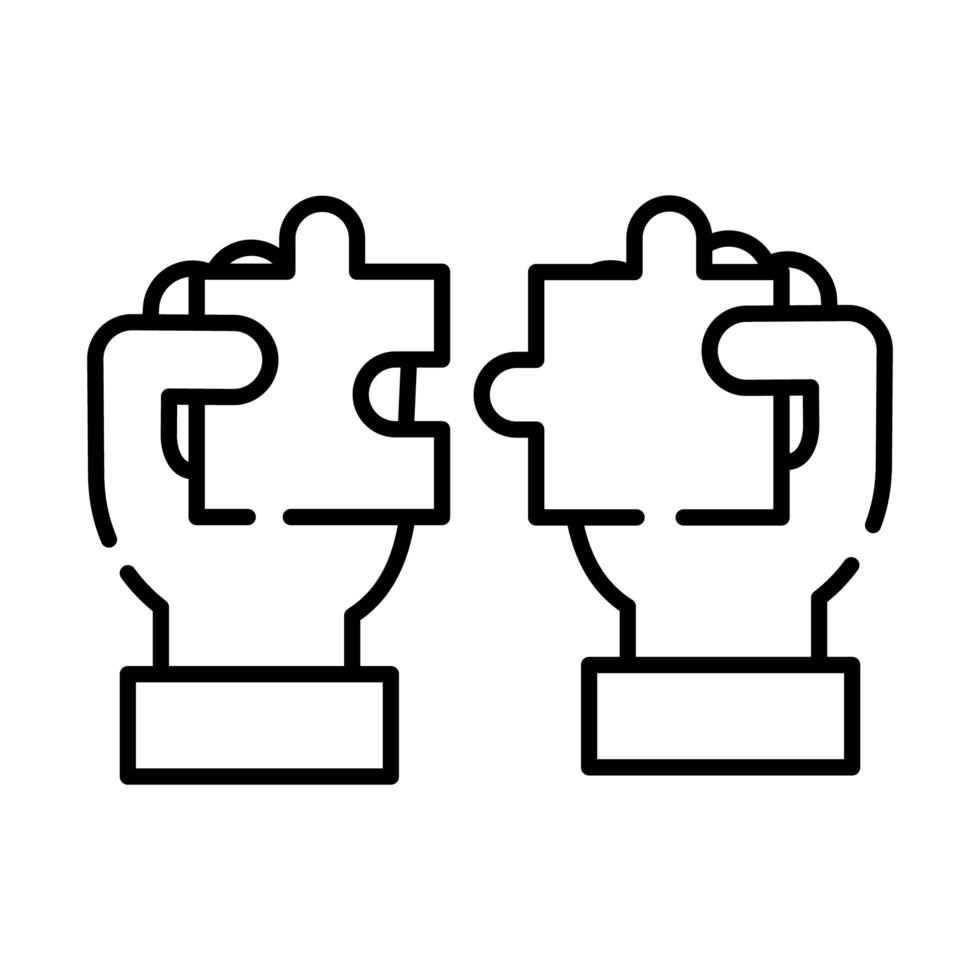 Hände mit Symbol für den Linienstil von Puzzlespielstücken vektor