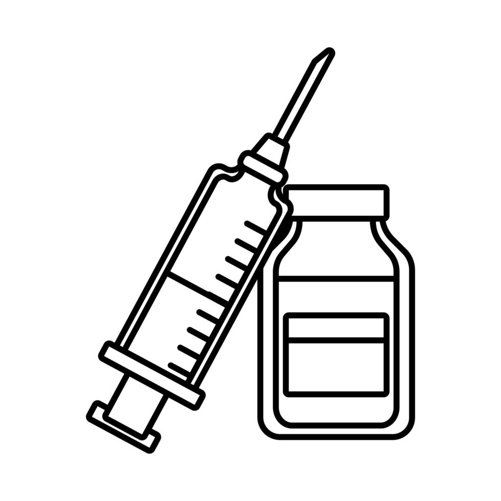 vaccinspruta med flaskdroger linje stilikon vektor
